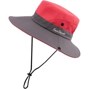 Unisex Red & Gray Polyester Wide Brim Mesh Vent Chin Strap Classic Cowboy Hat
